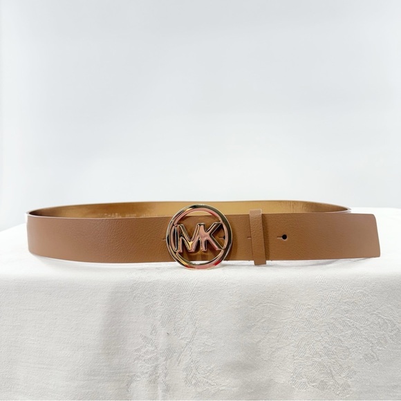 Michael Kors Brown Leather Belt Large – Gold MK Logo Buckle, Genuine Leather - Picture 15 of 16